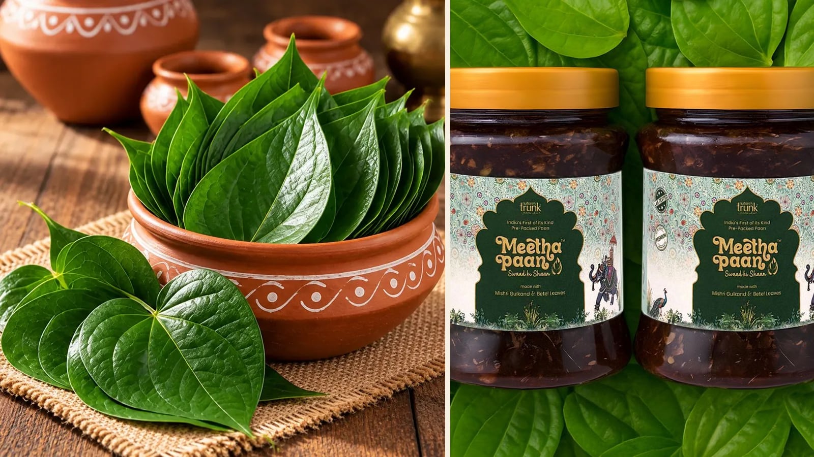 Fresh heart-shaped Banarasi betel leaves and finely chopped leaves in a terracotta bowl beside a jar of Meetha Paan on betel leaves