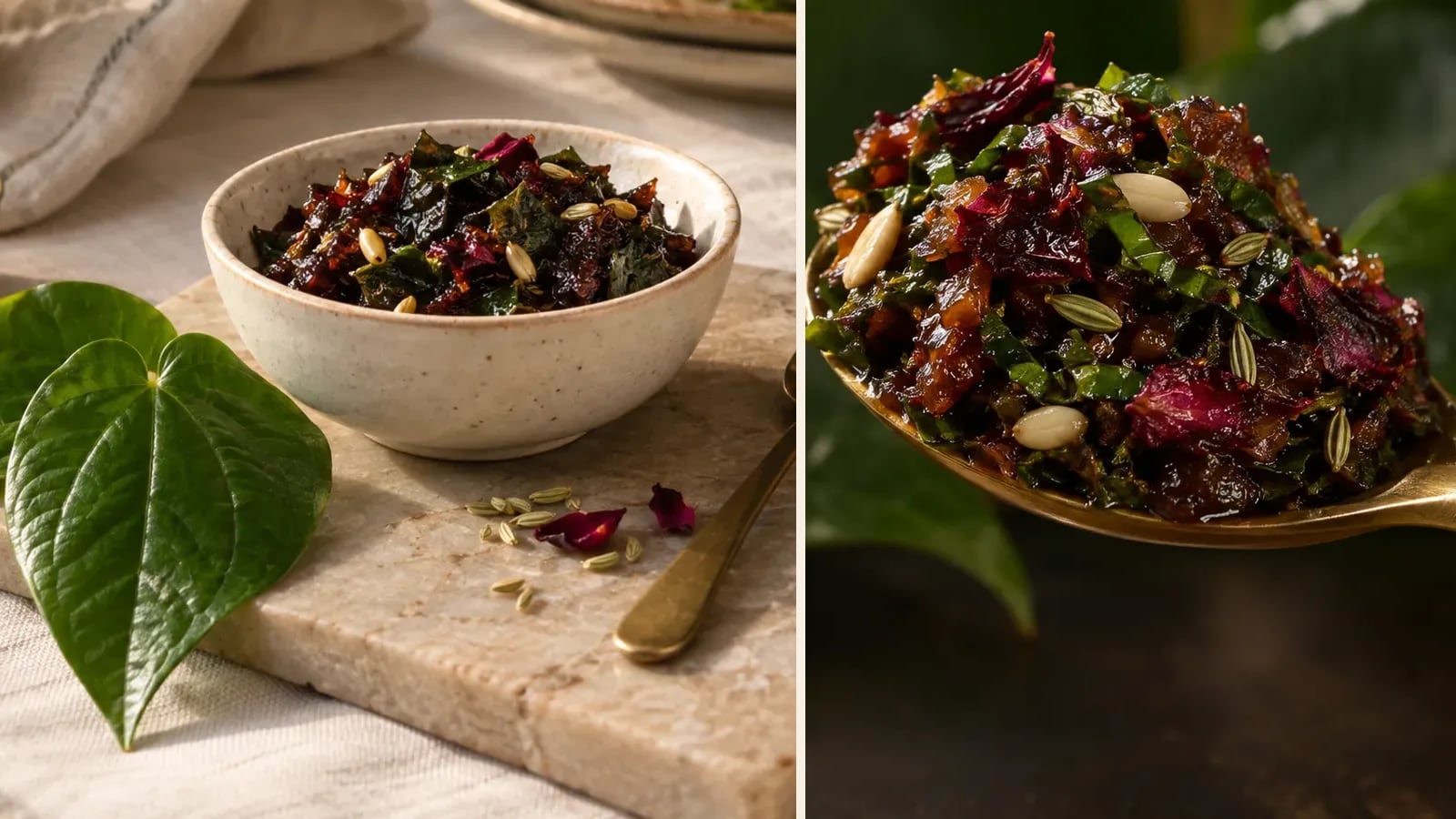 A bowl of Meetha Paan with betel leaves, rose petals and a brass spoon on a dining table, ready to be used in desserts