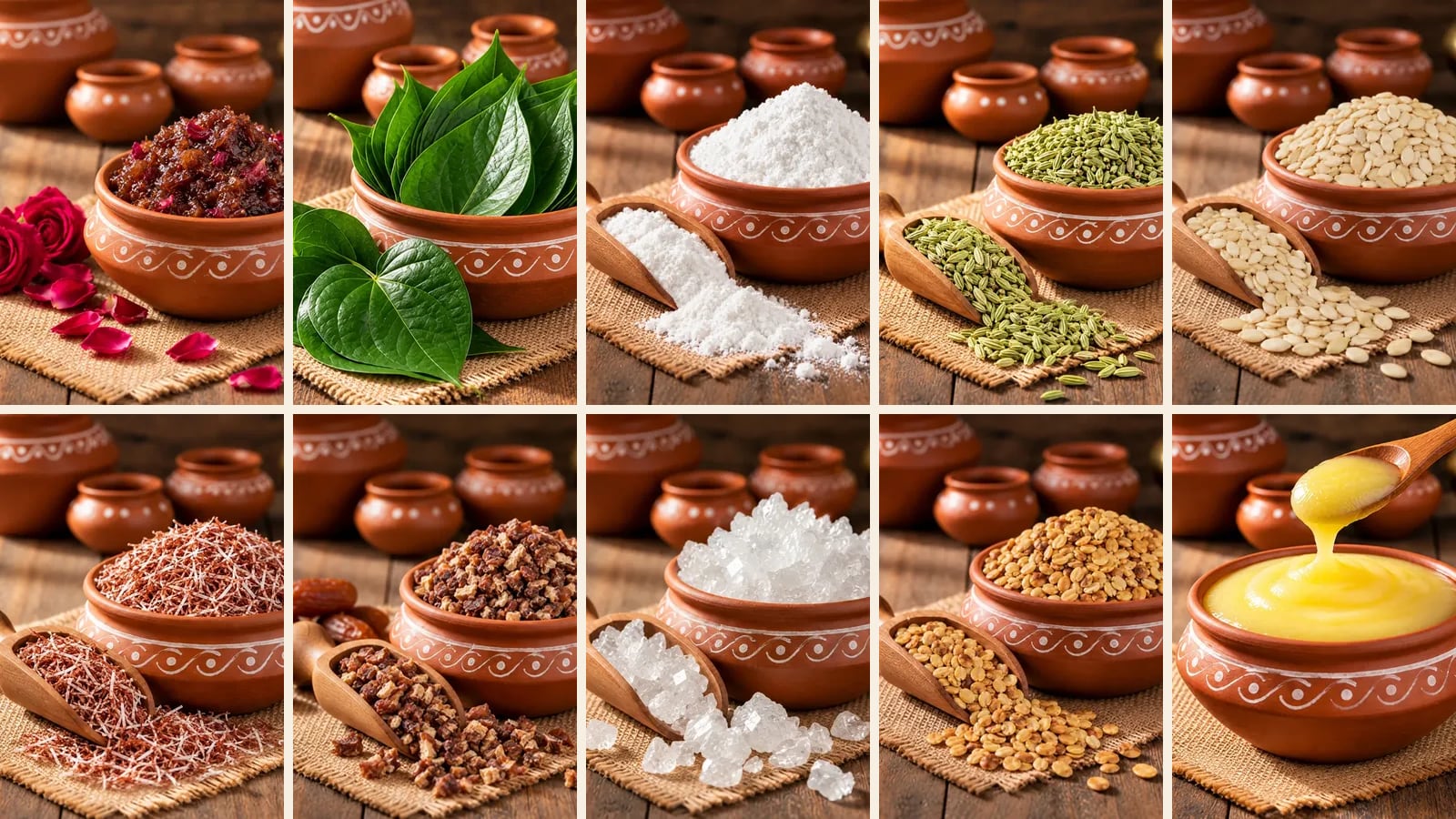 The ten Meetha Paan ingredients in terracotta bowls: Gulkand, betel leaves, mint flavour, fennel seeds, watermelon seeds, kadi supari, dry dates, dhaga mishri, dhana dal and cow ghee