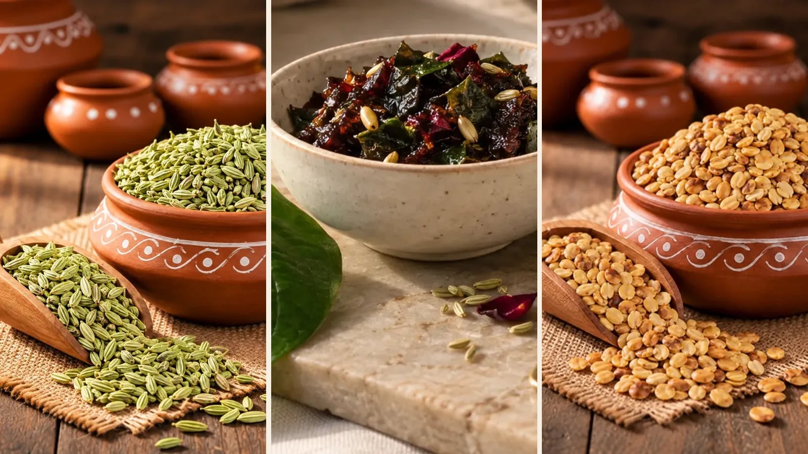 Bowls of fennel seeds, roasted dhana dal and watermelon seeds beside a bowl of Meetha Paan with a betel leaf