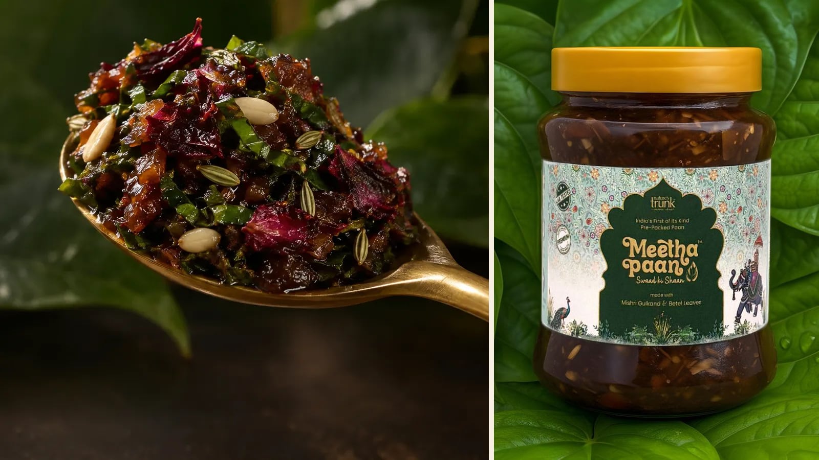A spoonful of Meetha Paan blend with rose petals, fennel and melon seeds beside a jar of Nature’s Trunk Meetha Paan on betel leaves