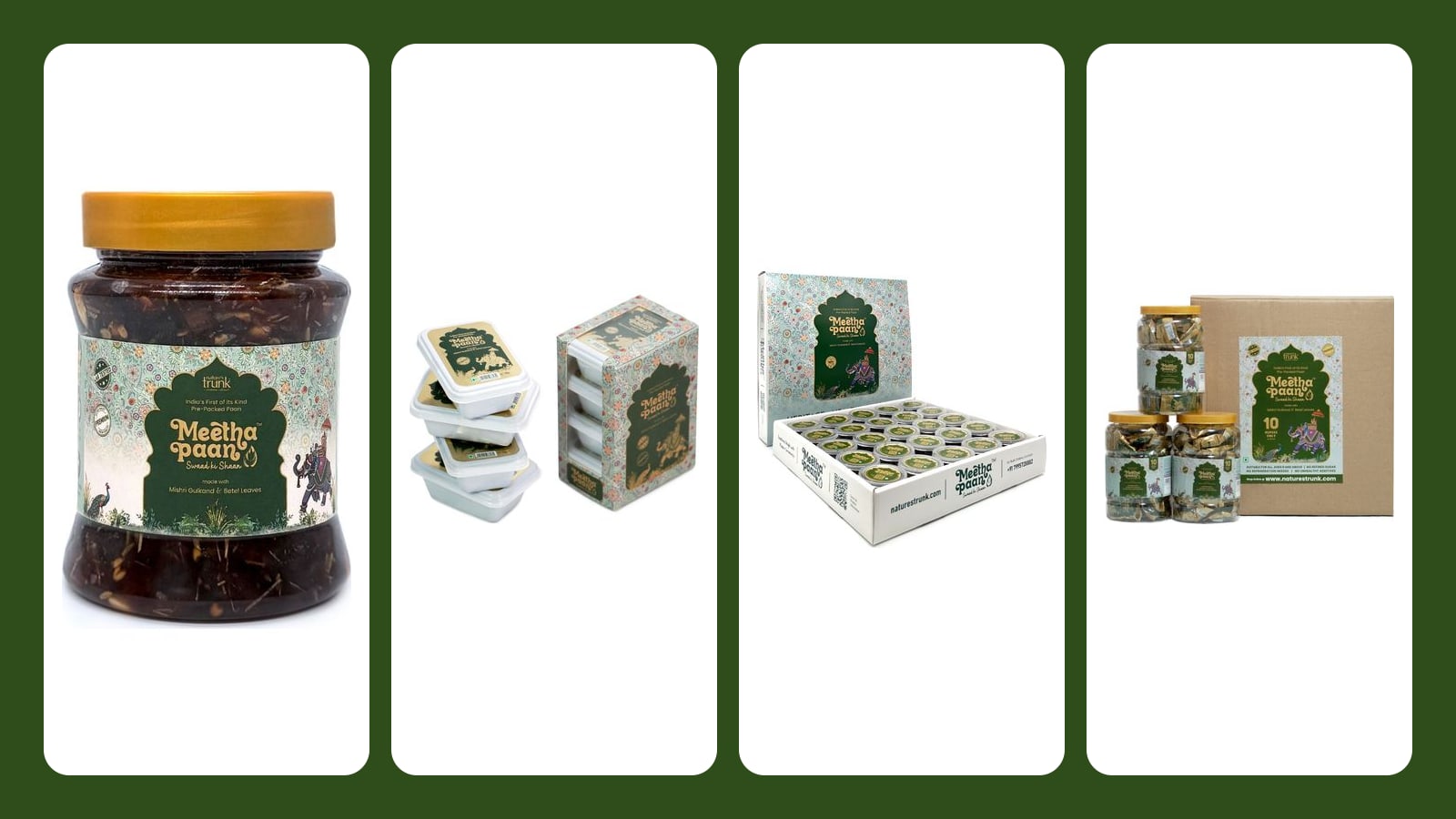 Nature’s Trunk Meetha Paan packs side by side: a Classic Jar, pocket packs of single-serve cups, a party box and a bulk carton