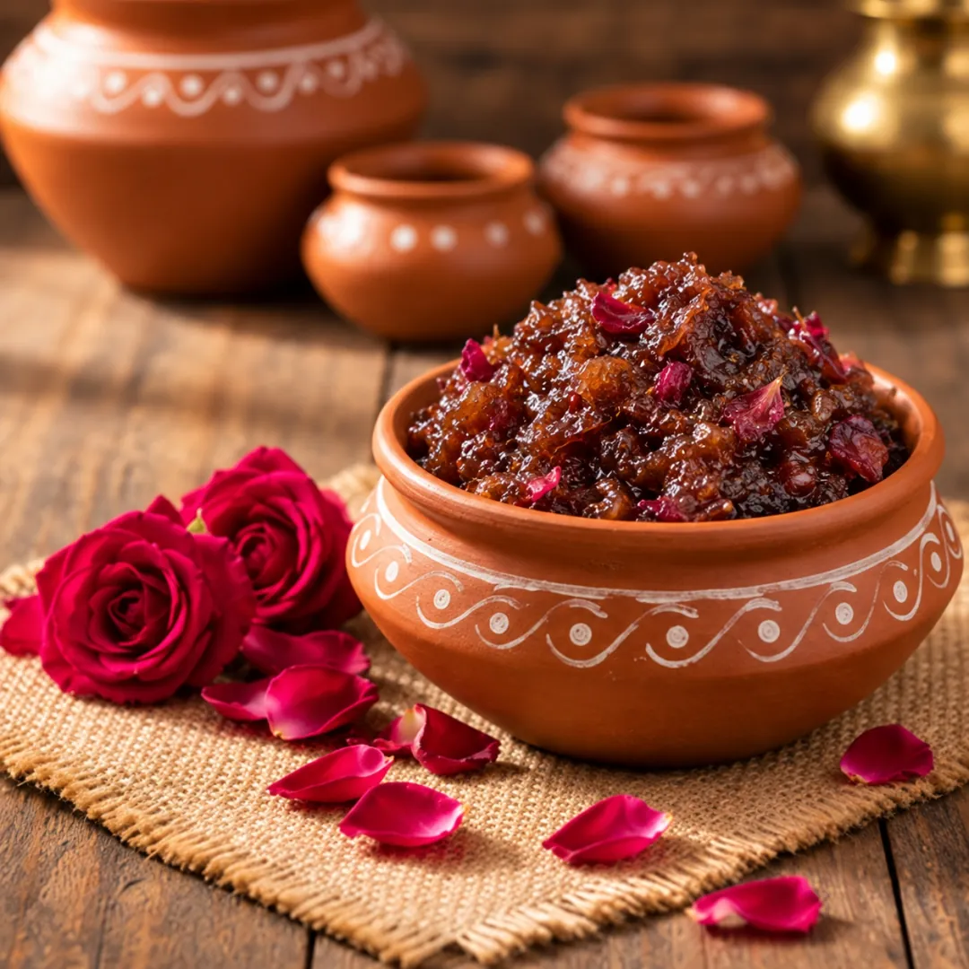 Gulkand in a terracotta bowl beside red roses and rose petals