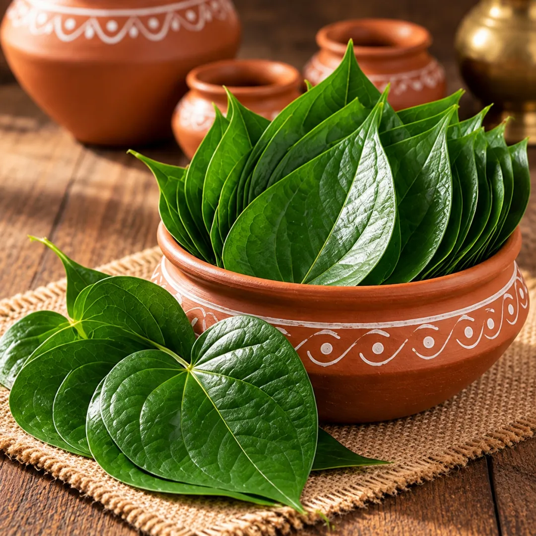 Fresh betel leaves in a terracotta bowl and on a burlap mat