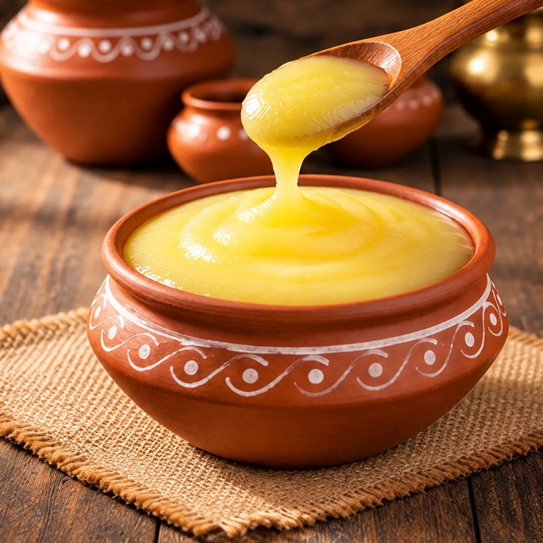 Golden cow ghee in a terracotta bowl, poured from a wooden spoon