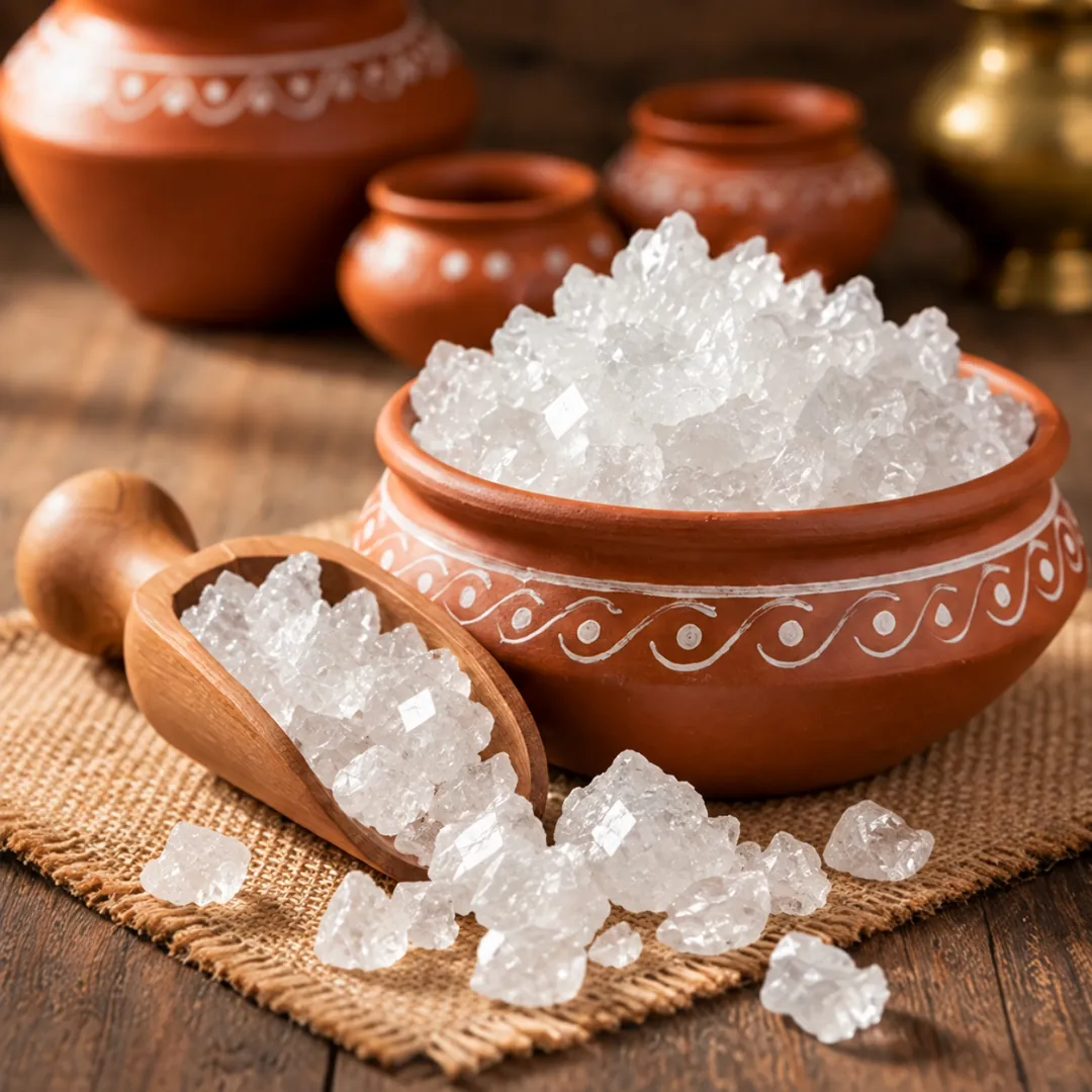Clear dhaga mishri rock-sugar crystals in a terracotta bowl with a wooden scoop