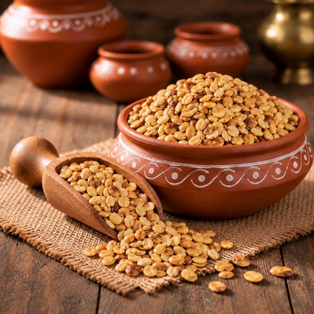 Roasted dhana dal in a terracotta pot and a wooden scoop on burlap