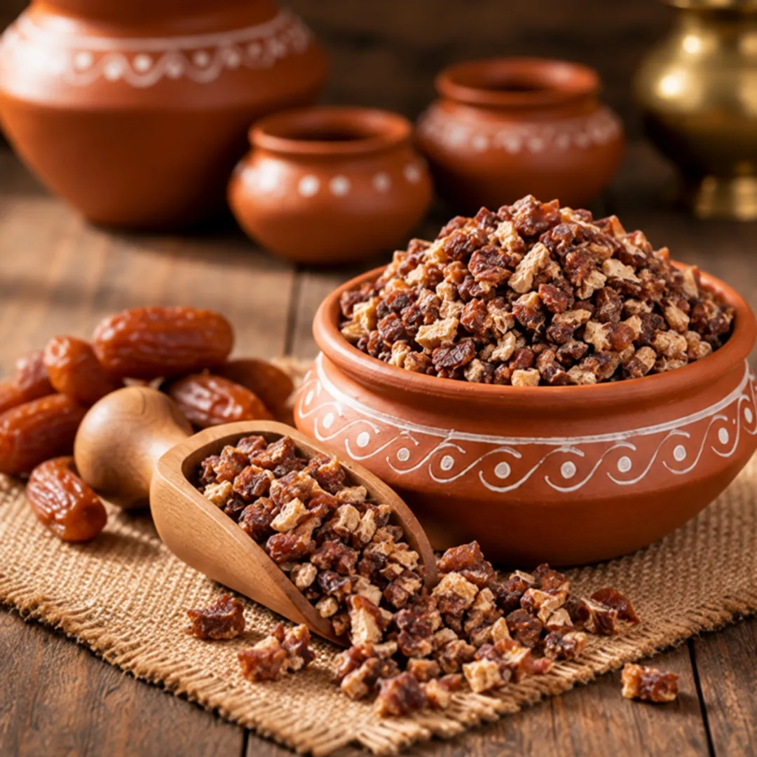 Chopped dry dates in a terracotta bowl beside whole dry dates