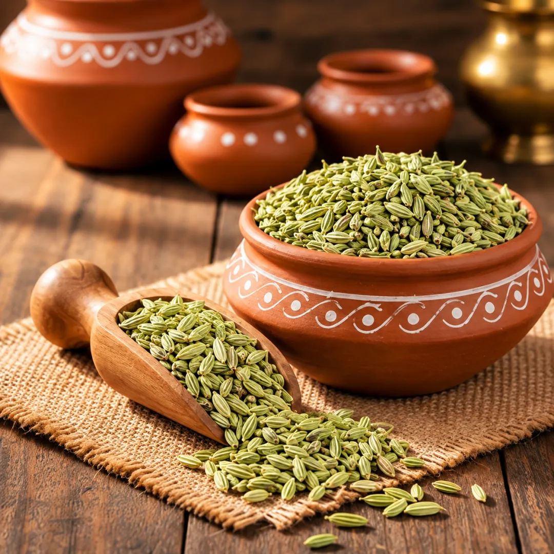 Green fennel seeds in a terracotta bowl with a wooden scoop