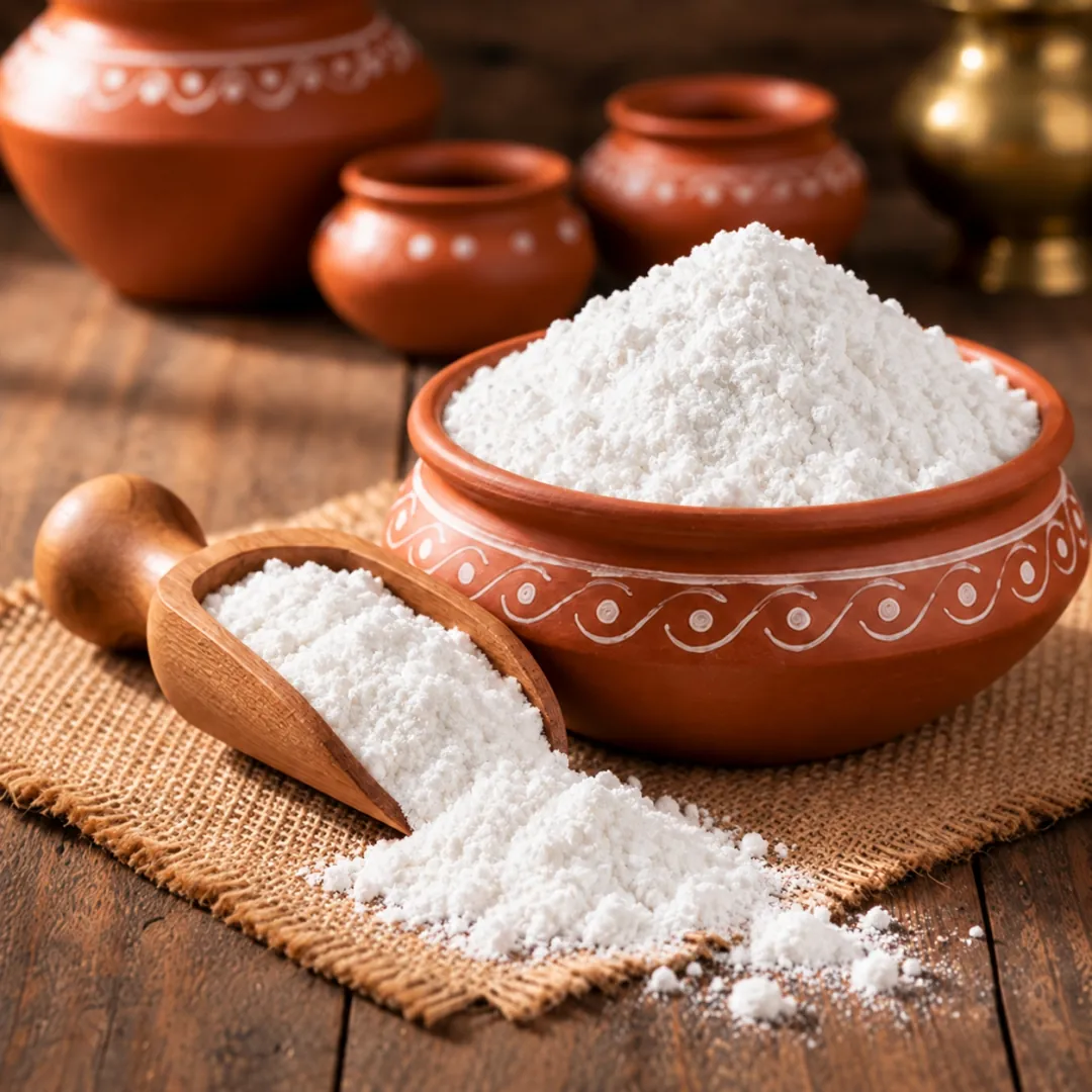 Fine white mint-flavour powder in a terracotta bowl with a wooden scoop