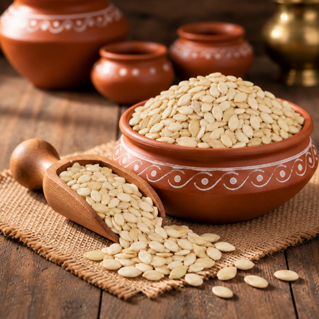 Ivory watermelon seed kernels in a terracotta bowl with a wooden scoop